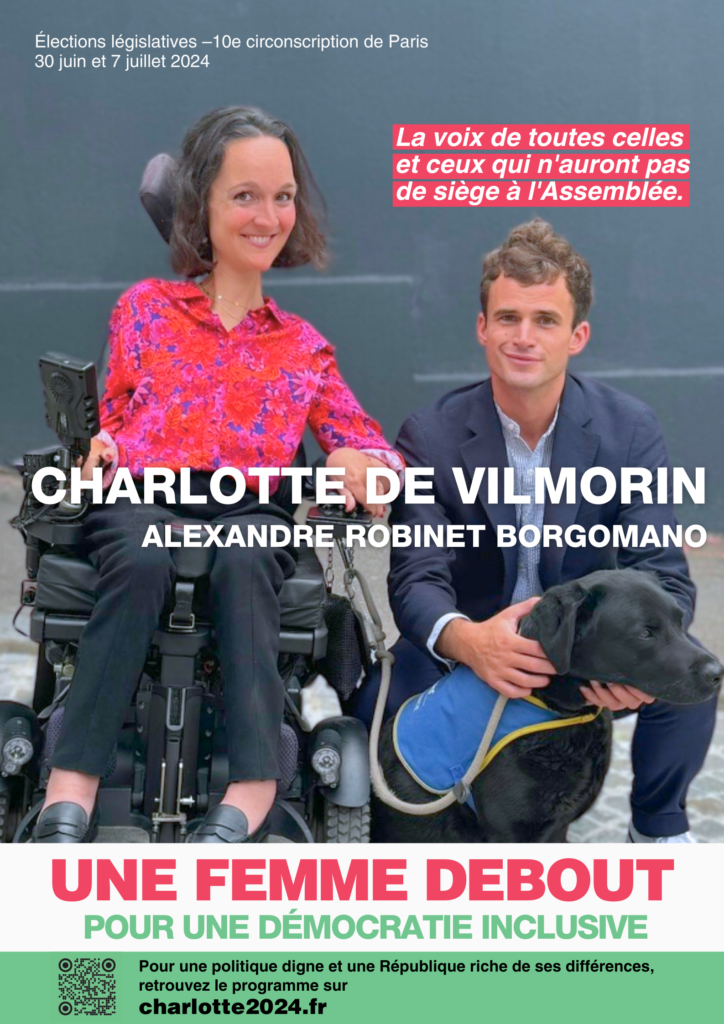 Affiche de campagne : Charlotte de Vilmorin et Alexandre Robinet Borgomano pour une société inclusive.