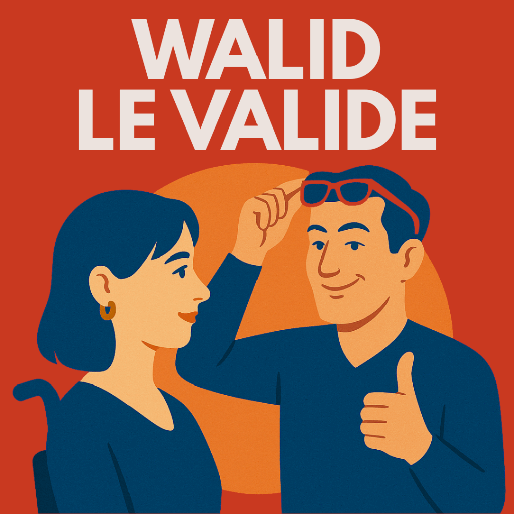 Vignette de présentation : Walid le valide. On voit une jeune femme en fauteuil à côté d'un homme qui enlève ses lunettes de soleil.