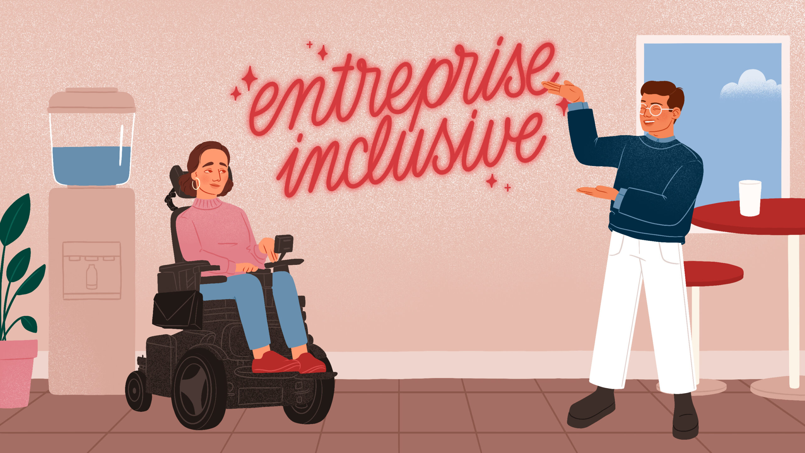 Illustration de charlotte en fauteuil roulant électrique dans un bureau, avec Walid, qui montre un panneau entreprise inclusive