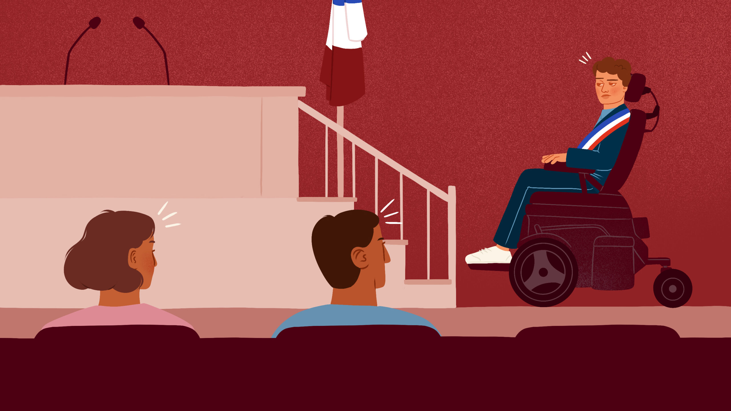 Illustration d'une personne en fauteuil, avec une écharpe de maire qui ne peut pas monter sur une estrade
